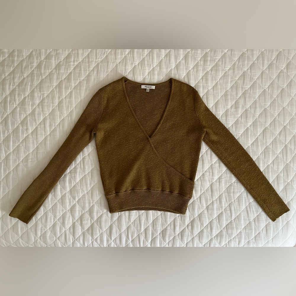 Madewell Faux Wrap-Front Pullover Sweater in Olive Green, XXS